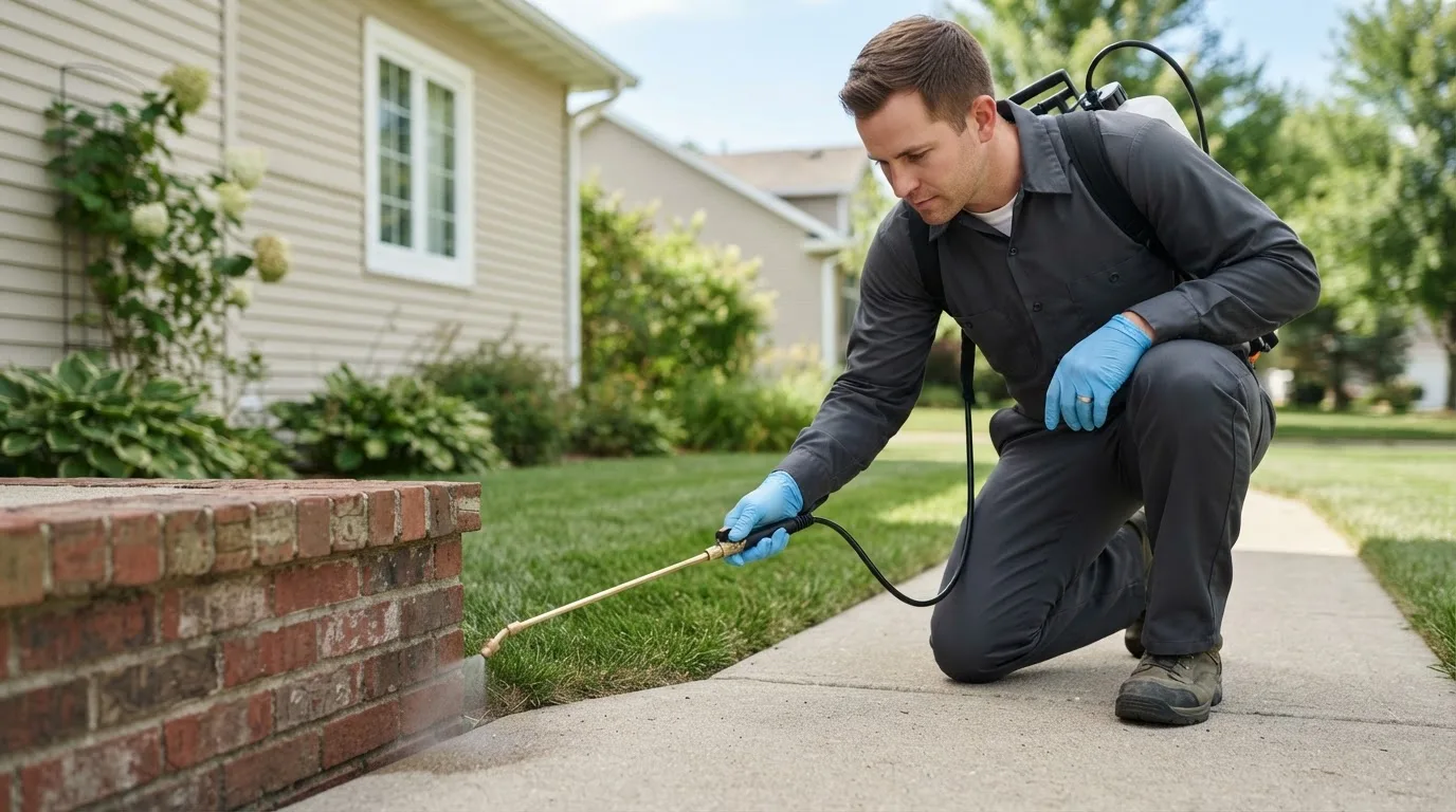 Pest control technician treating a home near Tunbridge, VT